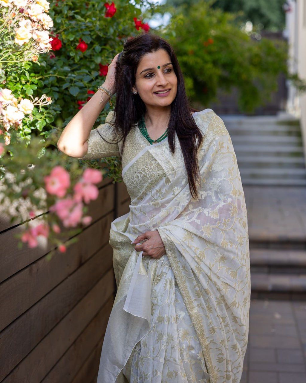 White Cream Color Beautiful Banarasi Silk Saree