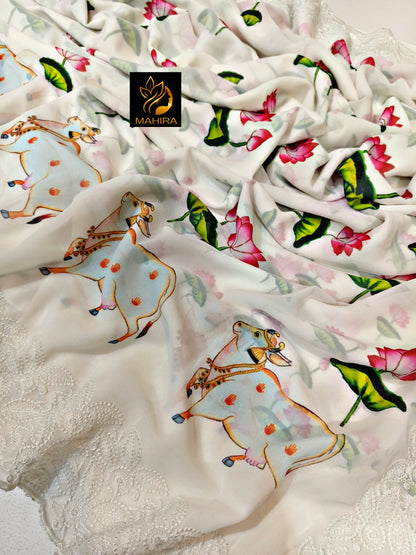 White Cream Color Georgette Fabric Saree