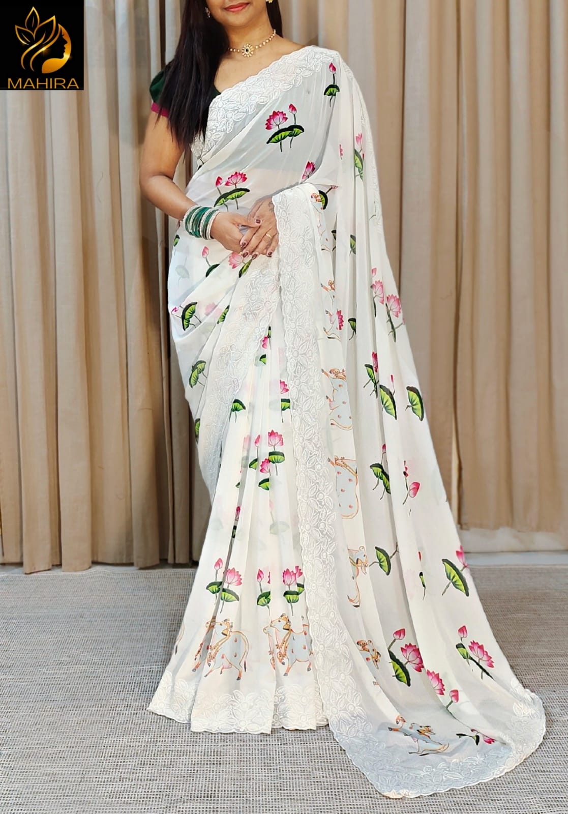 White Cream Color Georgette Fabric Saree
