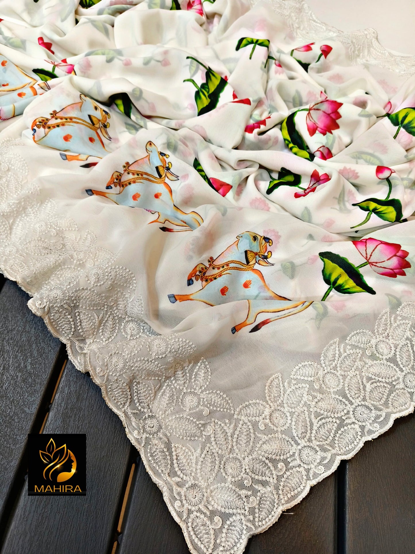 White Cream Color Georgette Fabric Saree