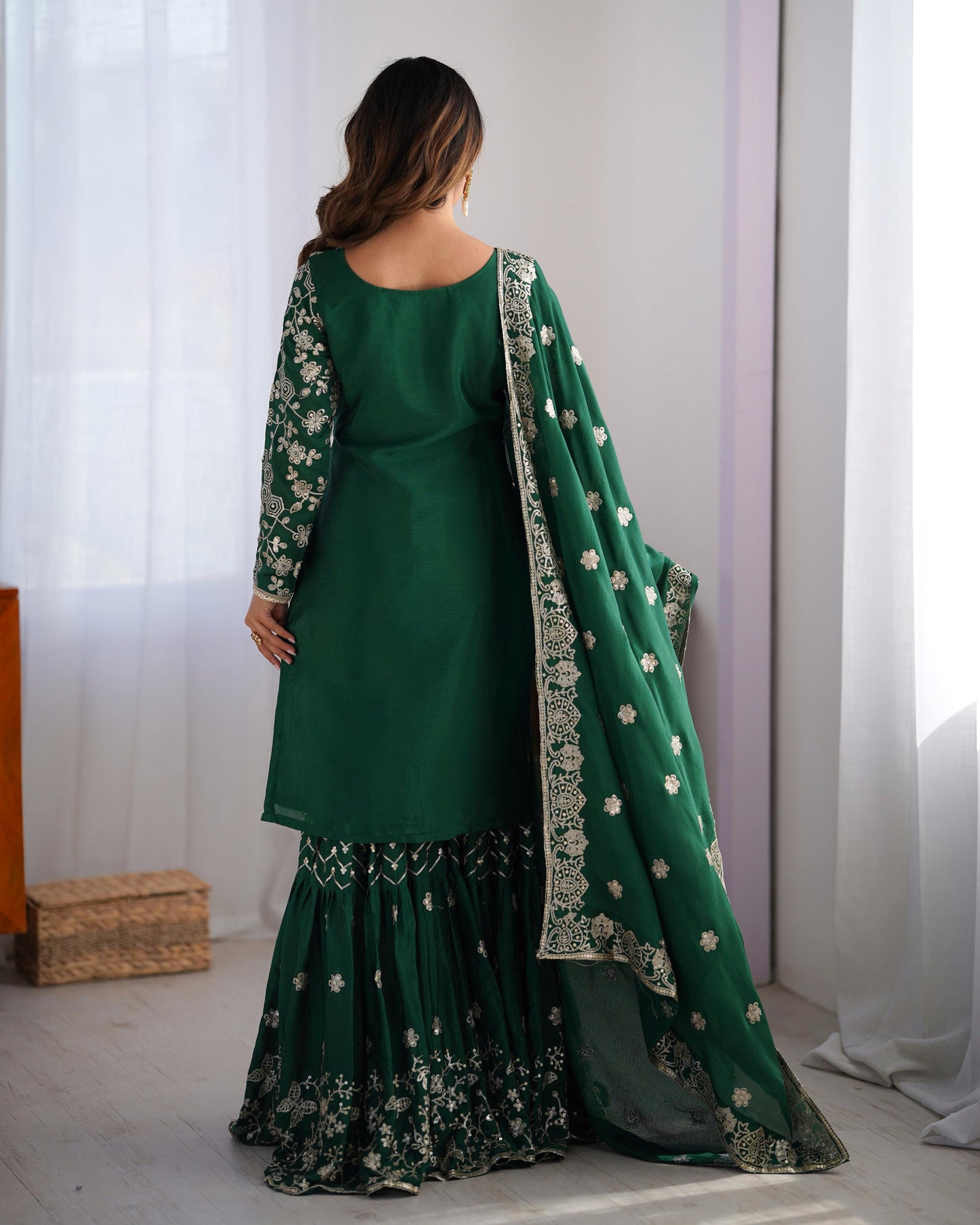 Green Color Beautiful Chinon Silk Suit