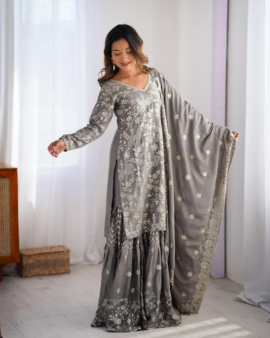 Grey Color Beautiful Chinon Silk Suit