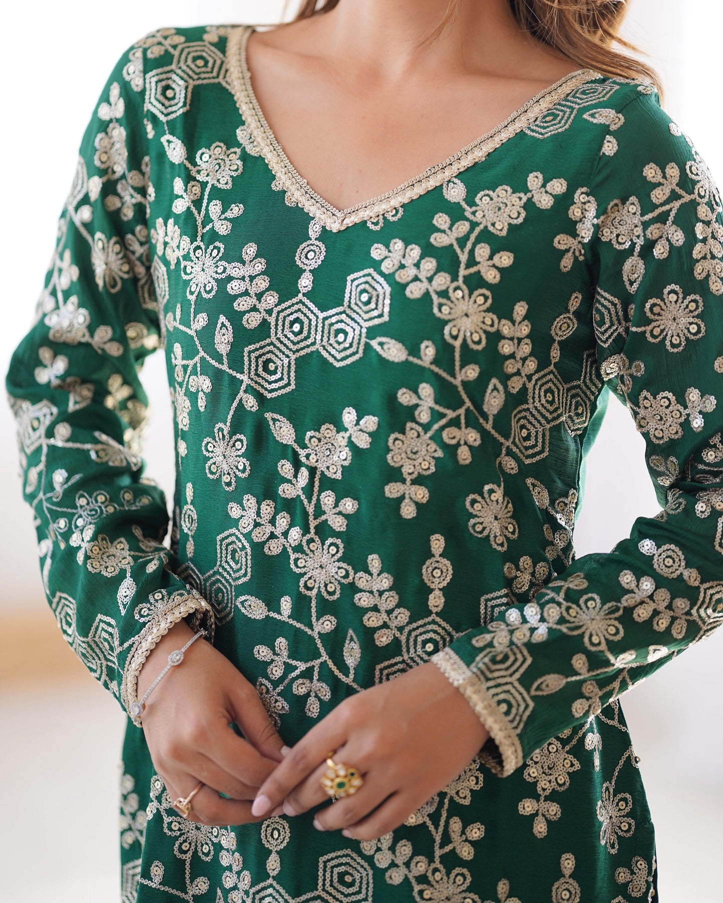Green Color Beautiful Chinon Silk Suit