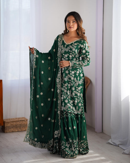 Green Color Beautiful Chinon Silk Suit
