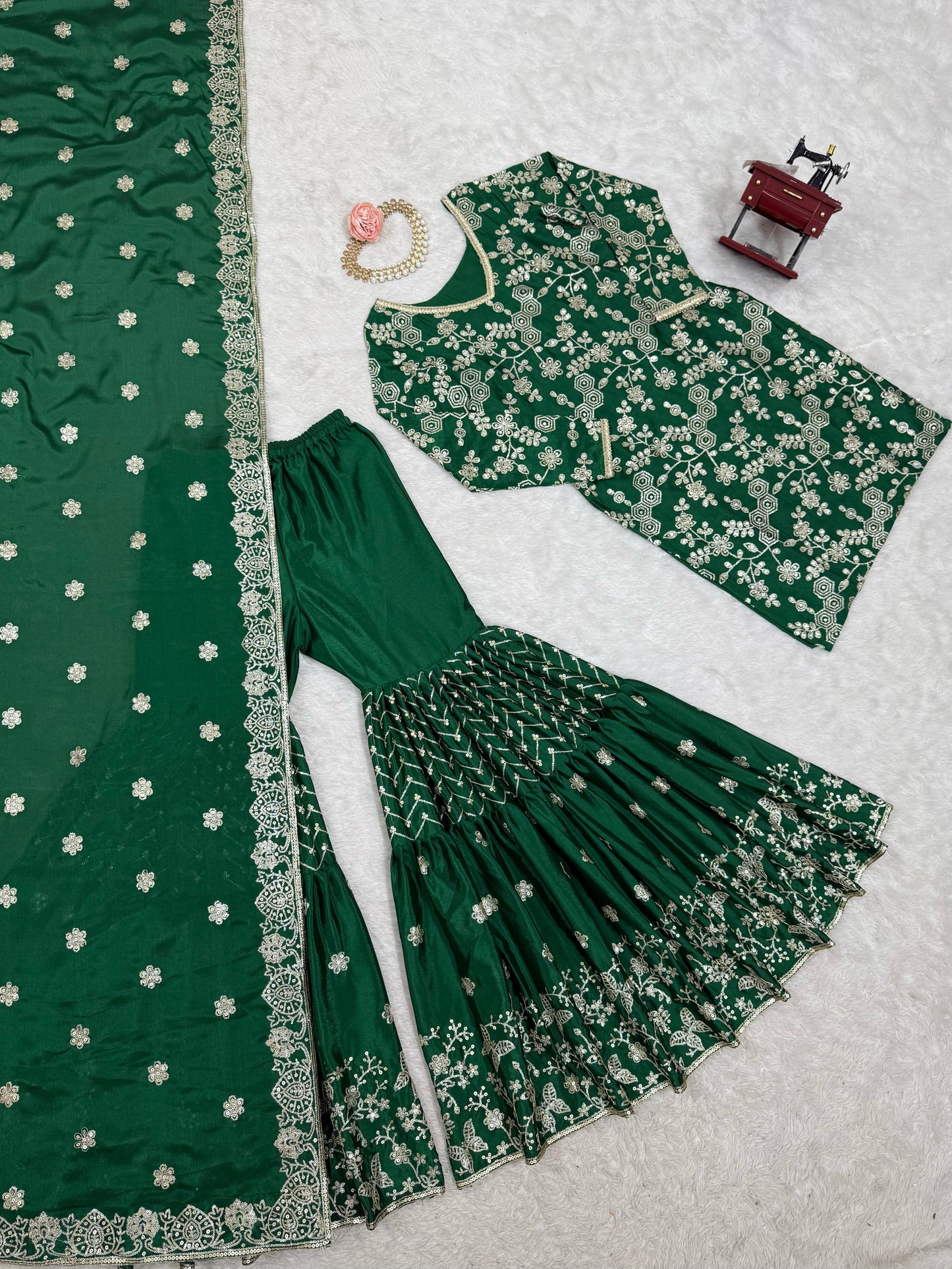 Green Color Beautiful Chinon Silk Suit