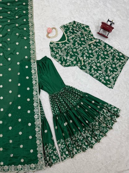 Green Color Beautiful Chinon Silk Suit