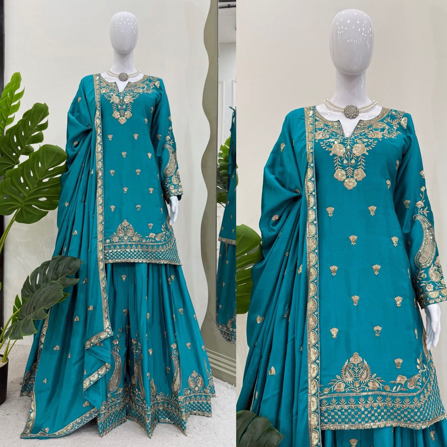 Beautiful Light Blue Color Suit In Chinon Silk