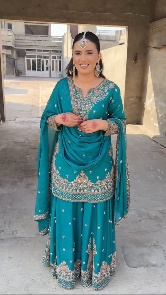 Beautiful Light Blue Color Suit In Chinon Silk