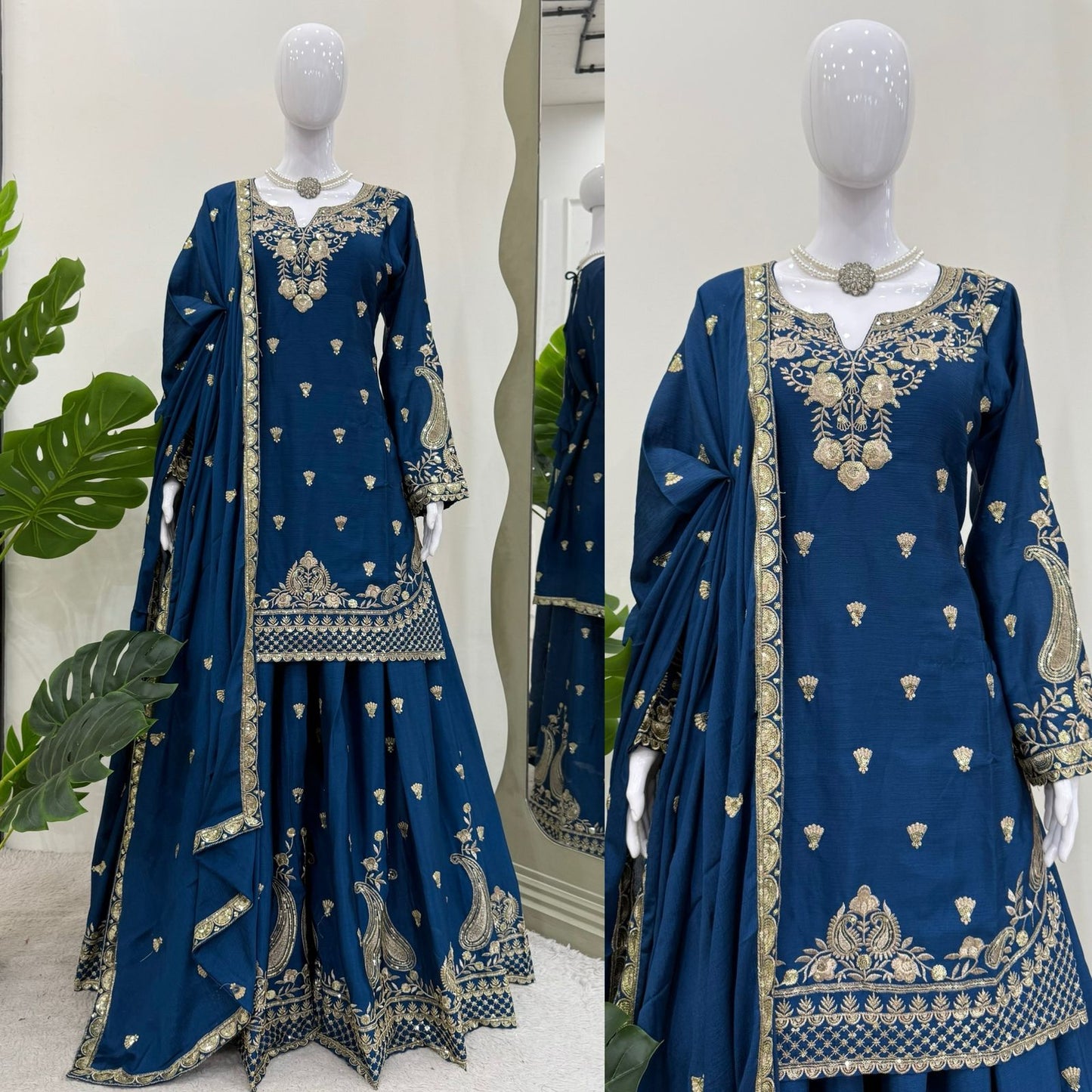 Beautiful Blue Color Suit In Chinon Silk