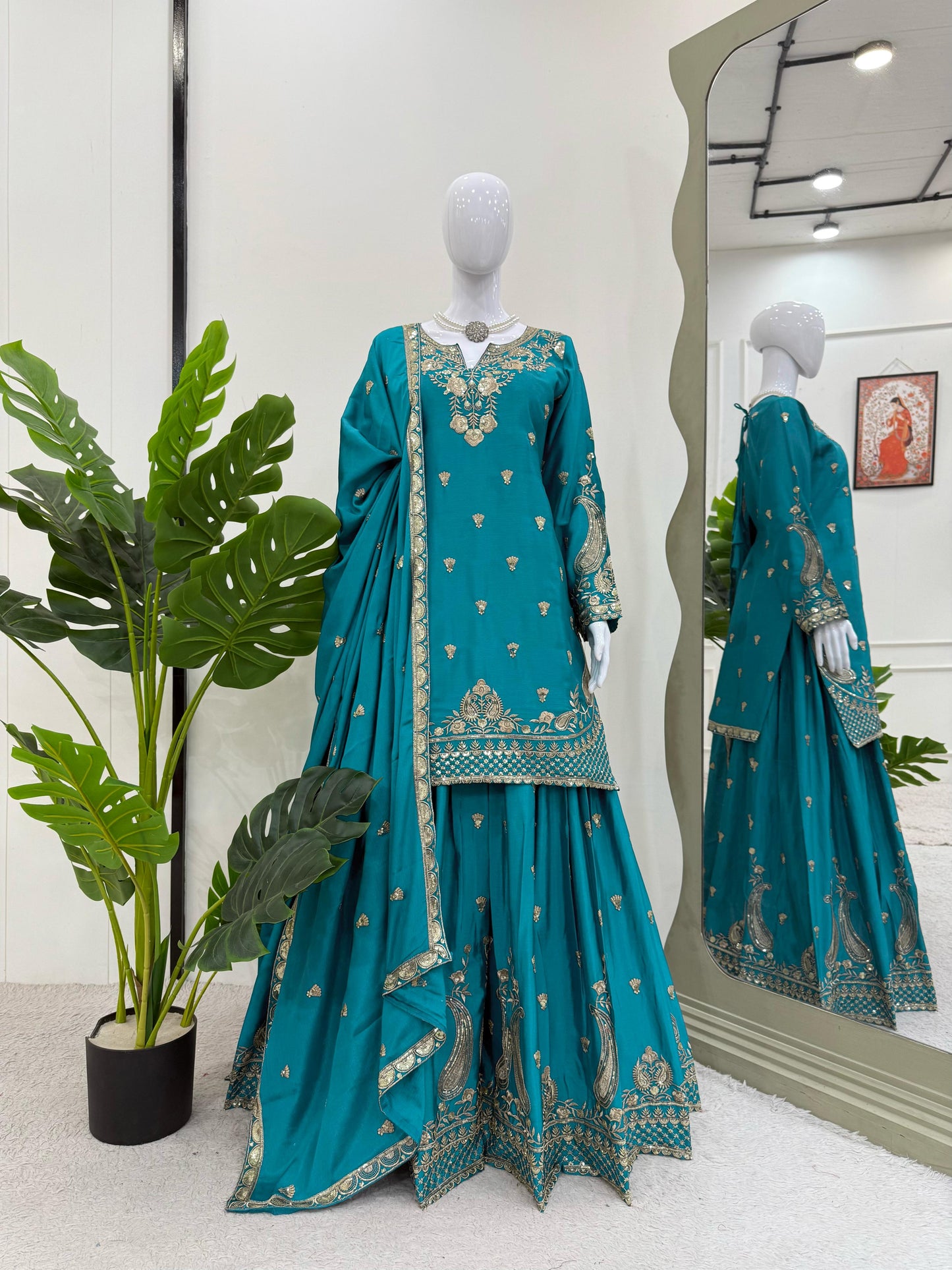 Beautiful Light Blue Color Suit In Chinon Silk