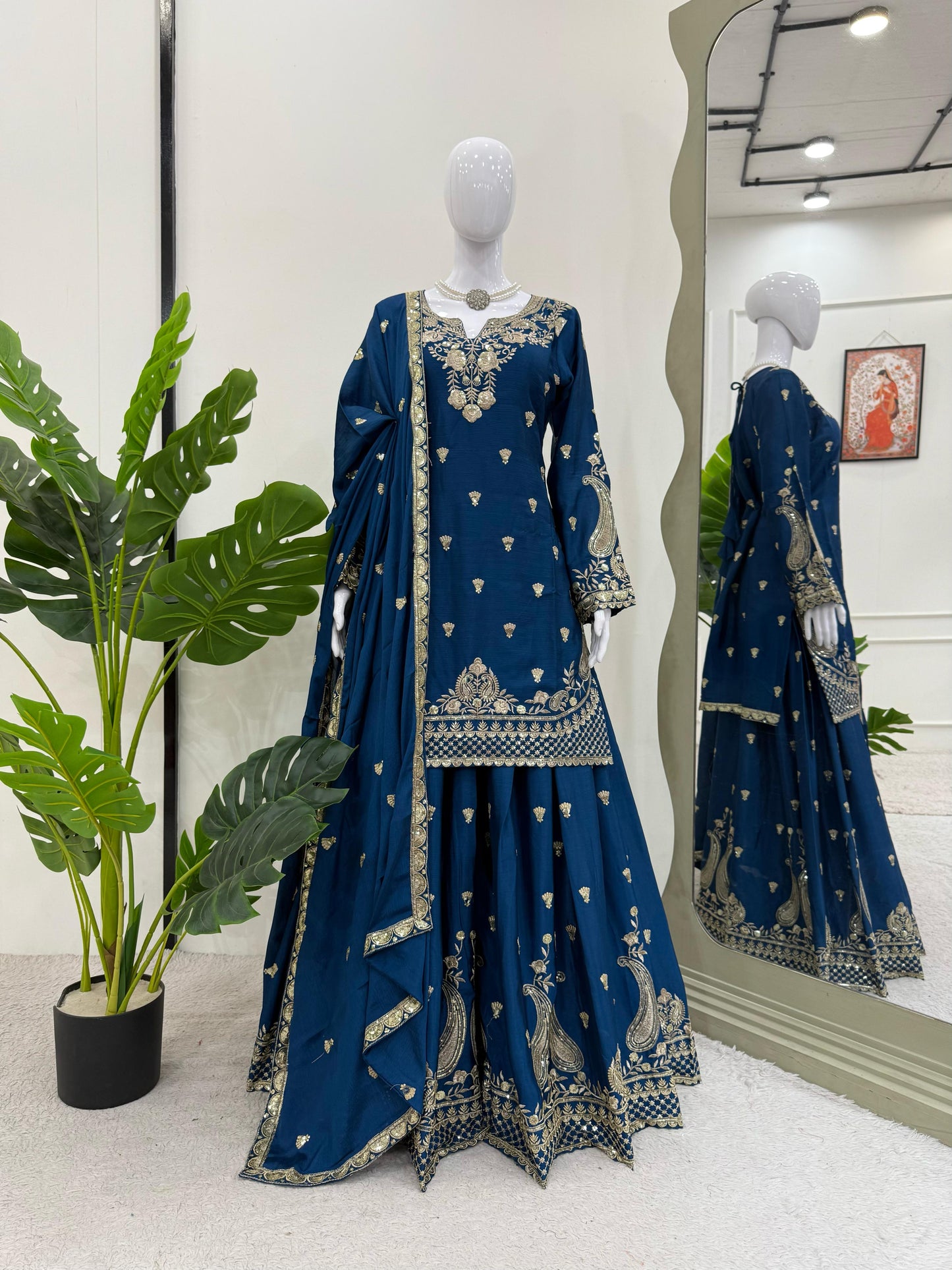 Beautiful Blue Color Suit In Chinon Silk