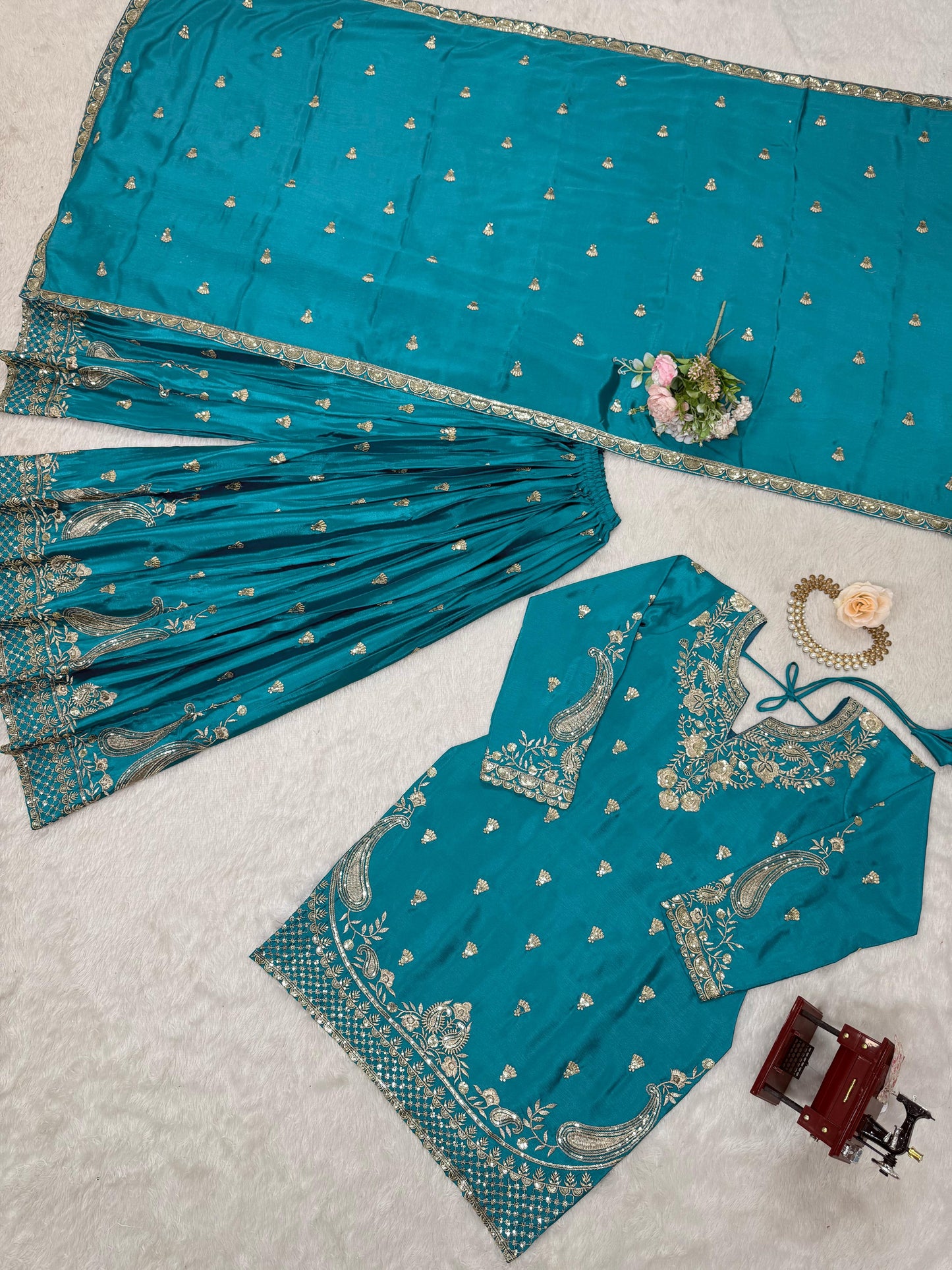 Beautiful Light Blue Color Suit In Chinon Silk