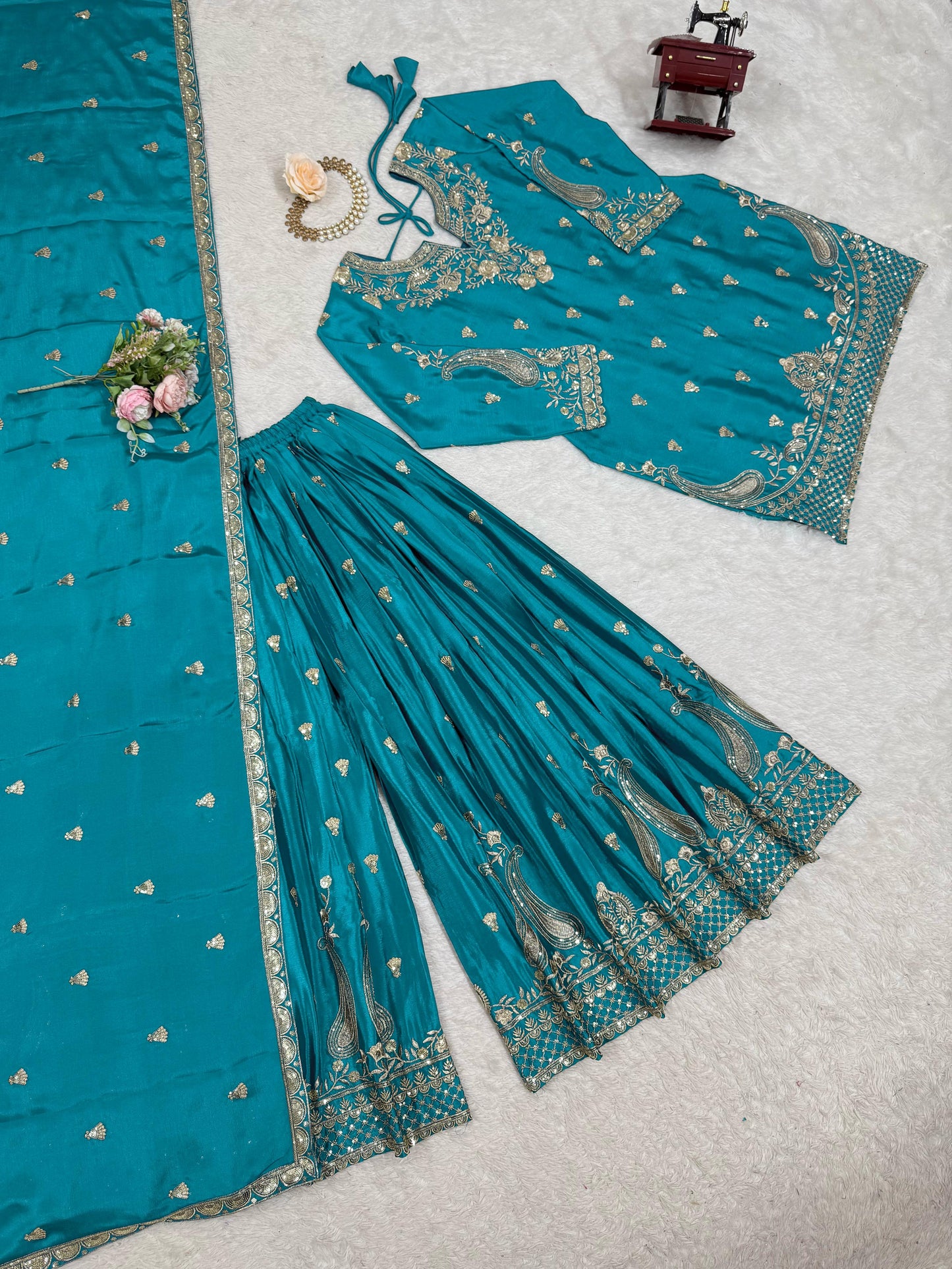 Beautiful Light Blue Color Suit In Chinon Silk