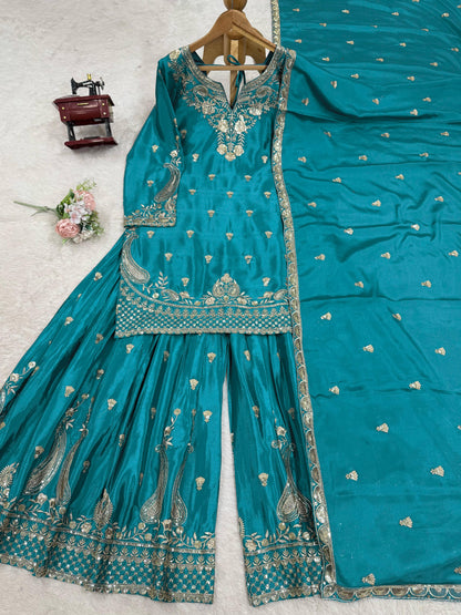 Beautiful Light Blue Color Suit In Chinon Silk