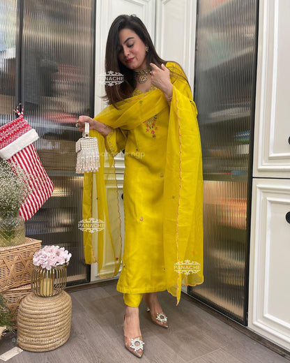 Yellow Color Beautiful Summer Wear Dress in Roman Silk Fabric
