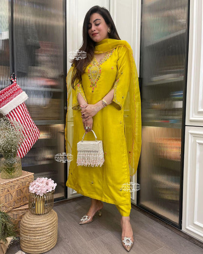 Yellow Color Beautiful Summer Wear Dress in Roman Silk Fabric