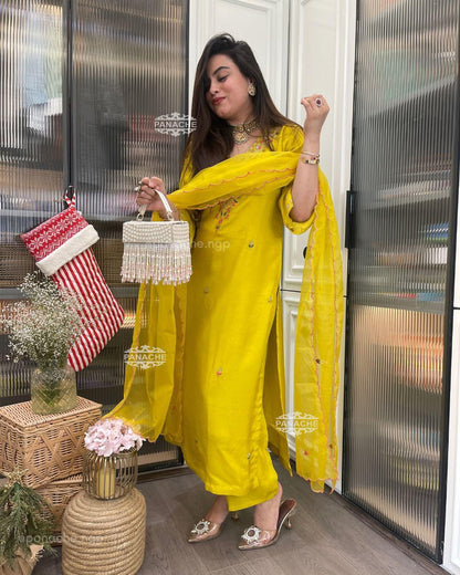 Yellow Color Beautiful Summer Wear Dress in Roman Silk Fabric
