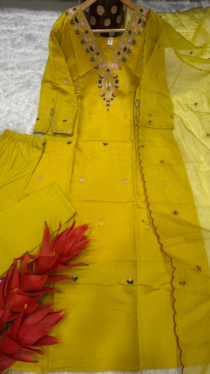 Yellow Color Beautiful Summer Wear Dress in Roman Silk Fabric