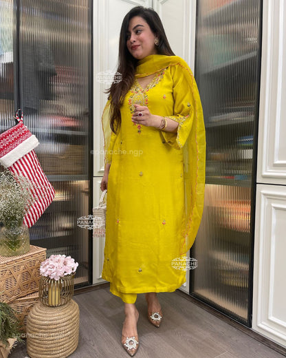 Yellow Color Beautiful Summer Wear Dress in Roman Silk Fabric