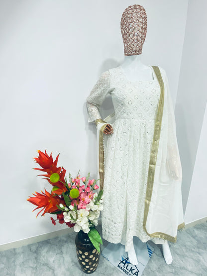 White Cream Color Beautiful Anarkali Gown in Georgette Fabric