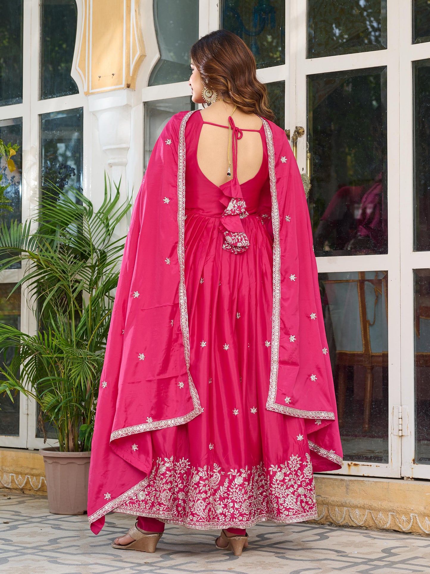 Pink Color Beautiful Partywear Silk Gown