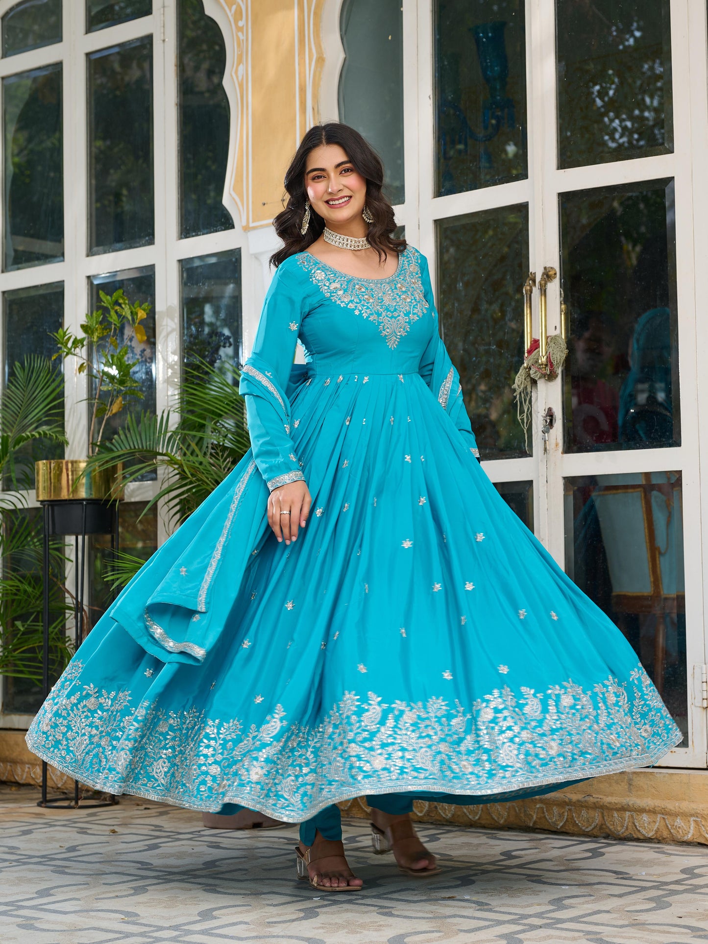 Sky Blue Color Beautiful Partywear Silk Gown
