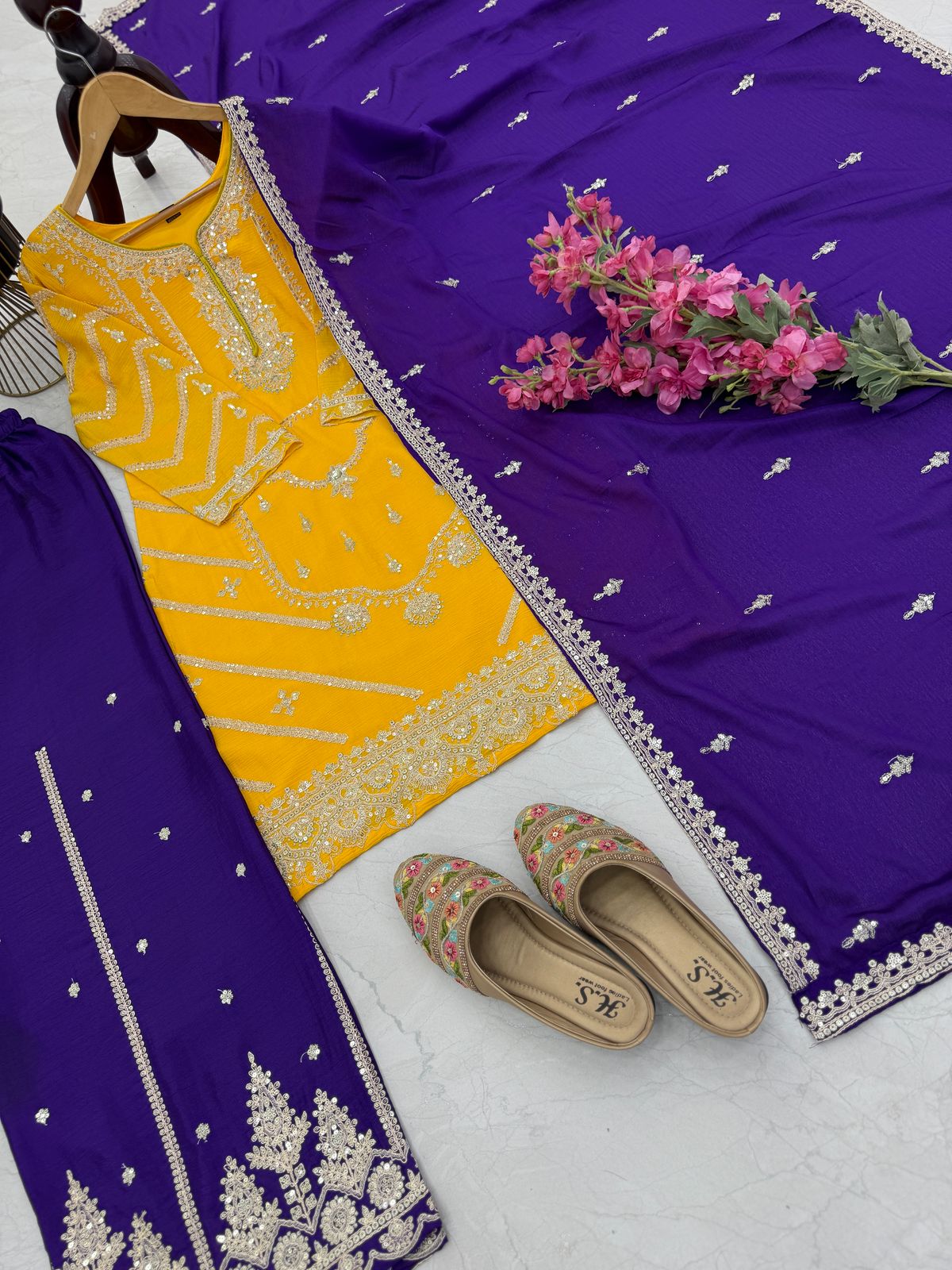 Yellow Blue Color Beautiful Partywear Dress in Chinon Fabric