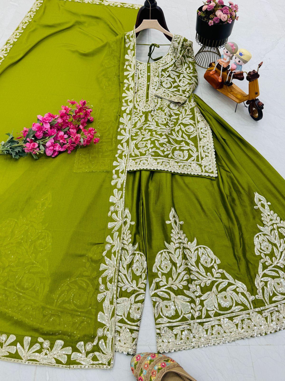 Green Color Beautiful Party Wear Chinon Fabric Suit