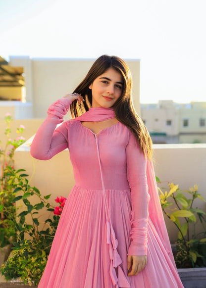 Gown with Dupatta in Georgette Fabric with 4 meter flair in pink