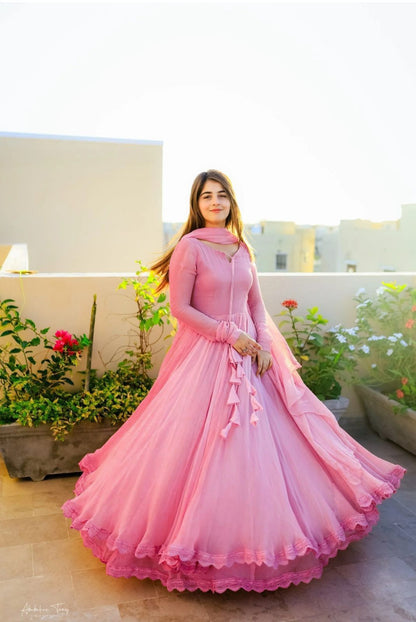 Gown with Dupatta in Georgette Fabric with 4 meter flair in pink