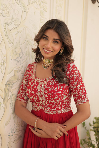 Red Color Beautiful Gown In Georgette Fabric With  Embroidery work