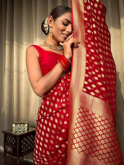 Banarasi Silk Saree with unstitched matching blouse in Red Color