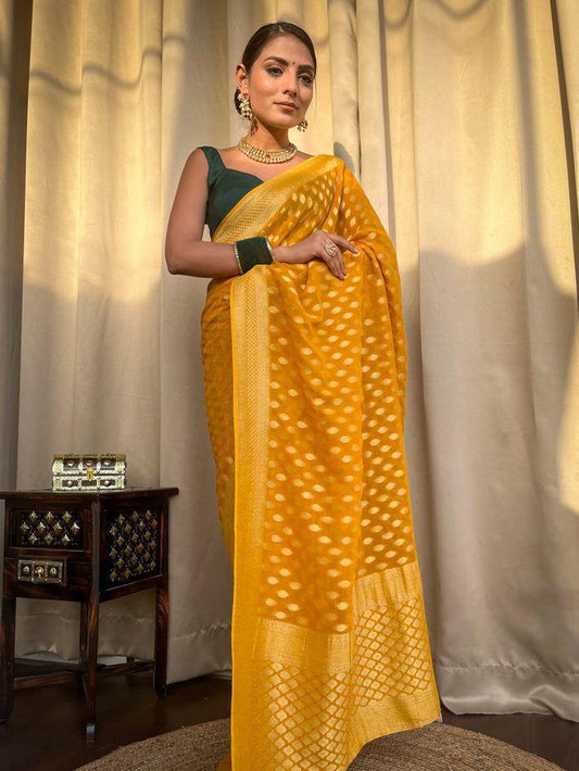 Banarasi Silk Saree with unstitched matching blouse in yellow Color