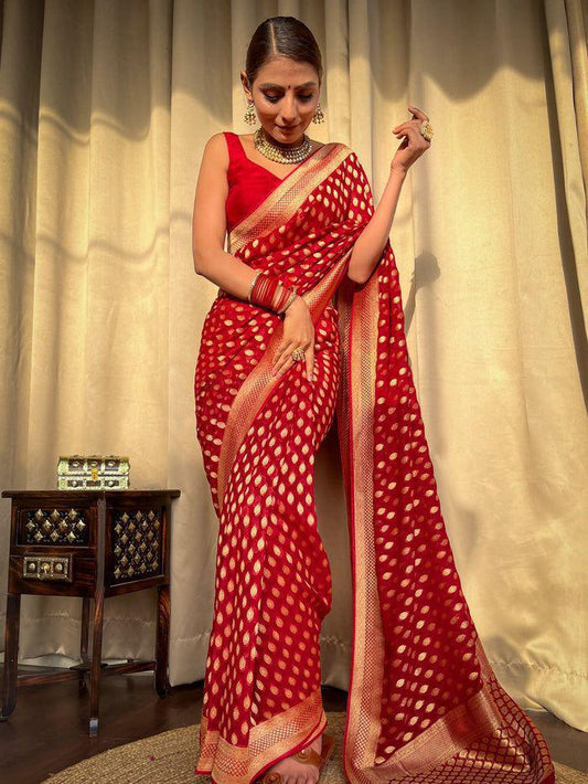 Banarasi Silk Saree with unstitched matching blouse in Red Color