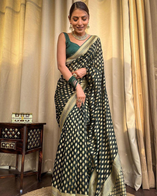 Banarasi Silk Saree with unstitched matching blouse in Green Color