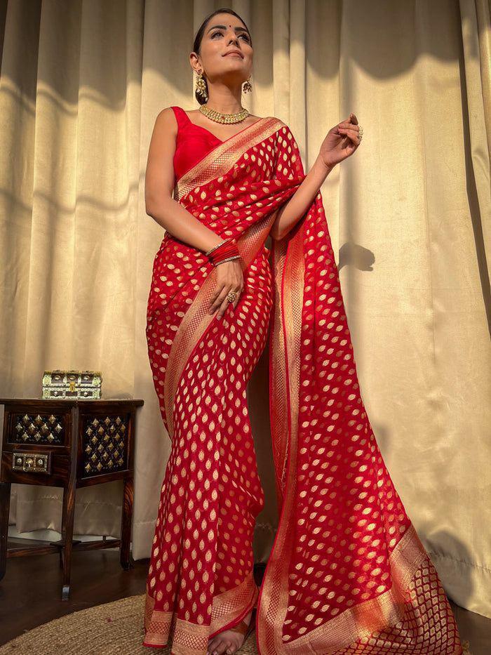 Banarasi Silk Saree with unstitched matching blouse in Red Color