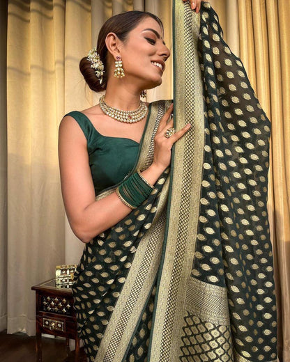 Banarasi Silk Saree with unstitched matching blouse in Green Color