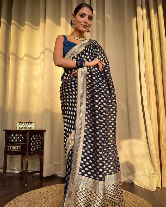 Banarasi Silk Saree with unstitched matching blouse in Blue Color