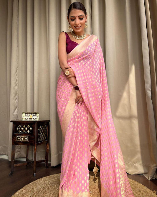 Banarasi Silk Saree with unstitched matching blouse in Light Pink Color