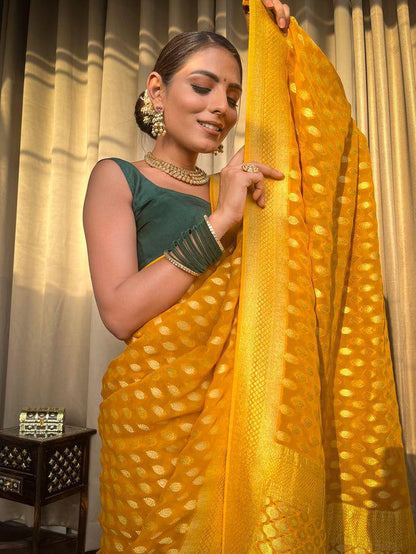 Banarasi Silk Saree with unstitched matching blouse in yellow Color
