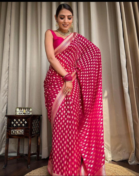 Banarasi Silk Saree with unstitched matching blouse in Pink Color
