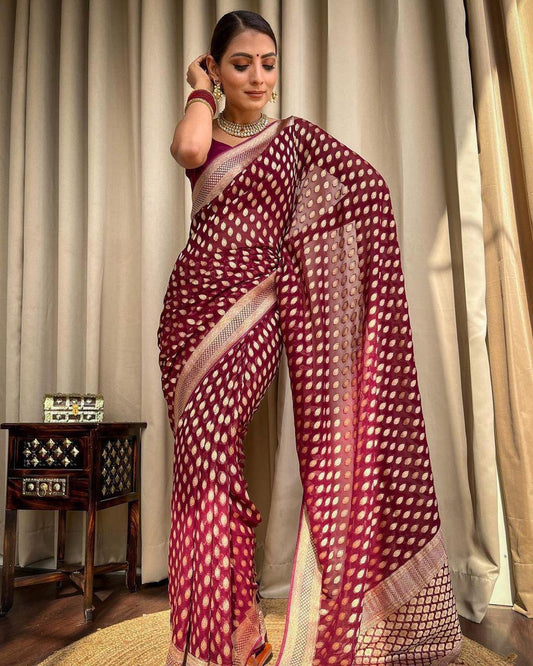 Banarasi Silk Saree with unstitched matching blouse in Maroon Color