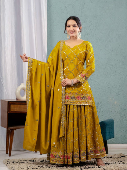 Yellow Color Beautiful Sharara Suit in Chinon Fabric