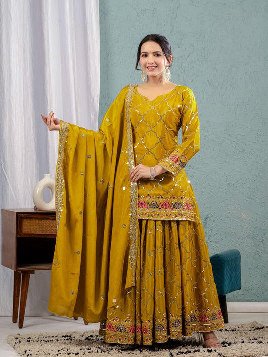 Yellow Color Beautiful Sharara Suit in Chinon Fabric