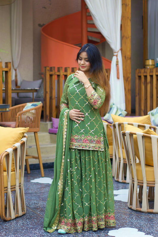 Green Color Beautiful Sharara Suit in Chinon Fabric