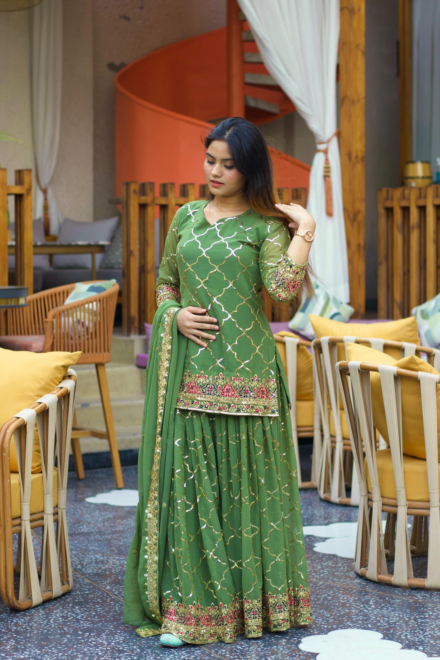 Green Color Beautiful Sharara Suit in Chinon Fabric