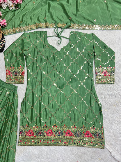 Green Color Beautiful Sharara Suit in Chinon Fabric