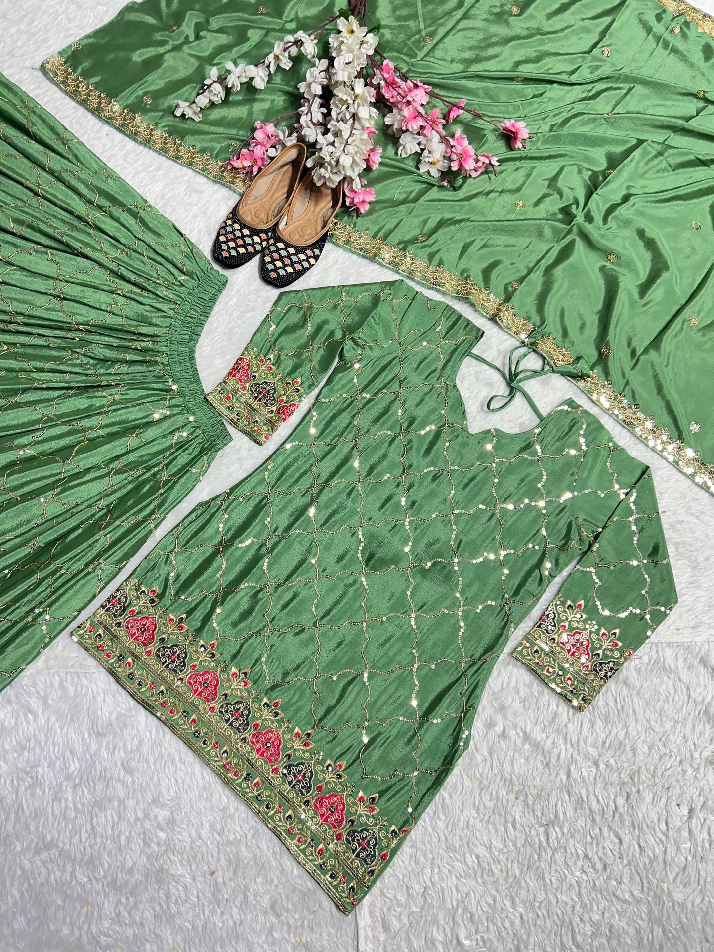 Green Color Beautiful Sharara Suit in Chinon Fabric