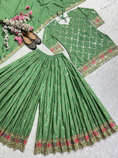 Green Color Beautiful Sharara Suit in Chinon Fabric