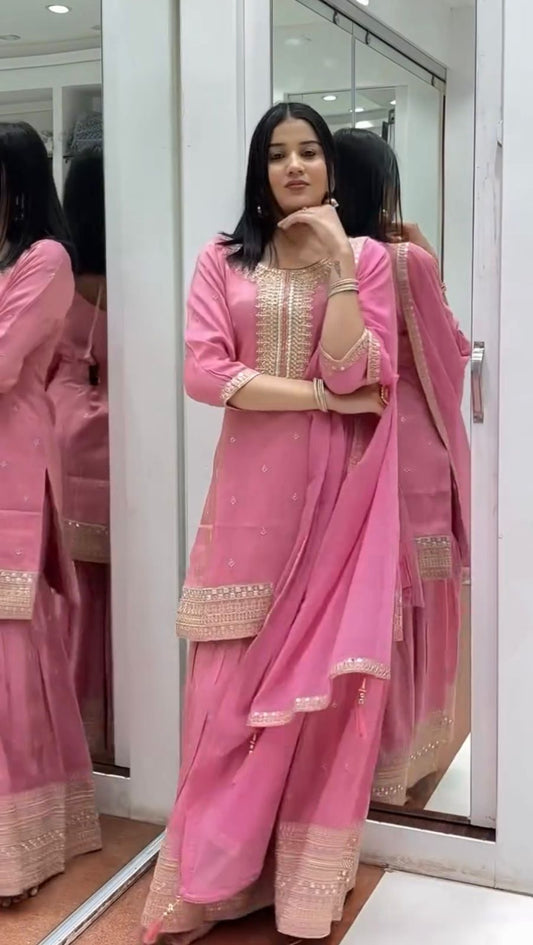 Pink Color Beautiful Partywear Dress in Chinon Fabric